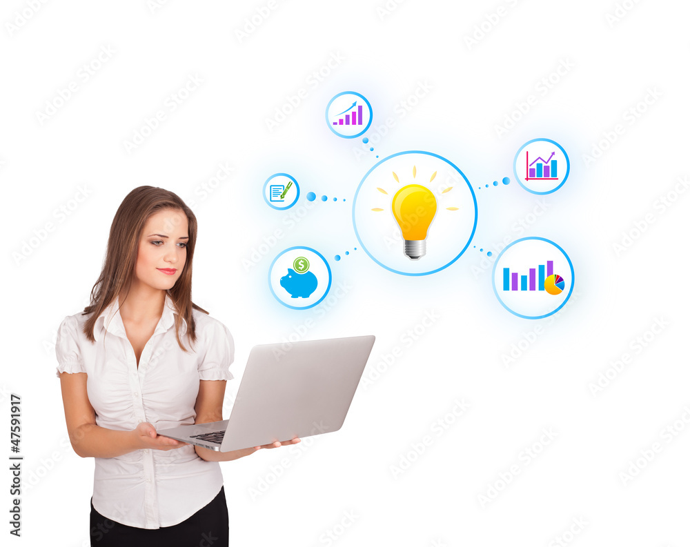 Young woman presenting light bulb with colorful graphs and diagr Young woman presenting light bulb with colorful graphs and diagr