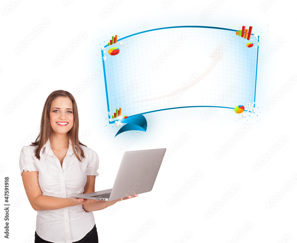 Young woman presenting abstract copy space with graphs and diagr Young woman presenting abstract copy space with graphs and diagr