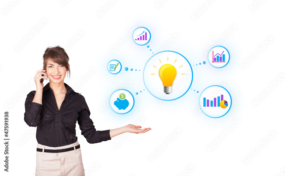 Young woman presenting light bulb with colorful graphs and diagr Young woman presenting light bulb with colorful graphs and diagr