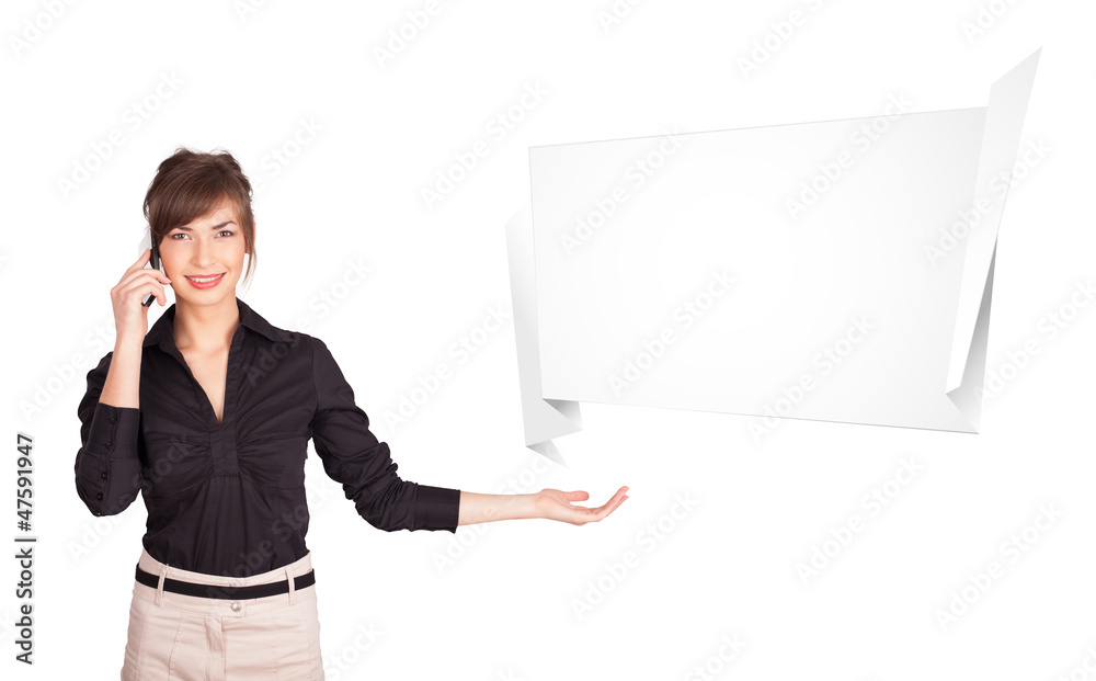 young woman presenting abstract origami copy space young woman presenting abstract origami copy space