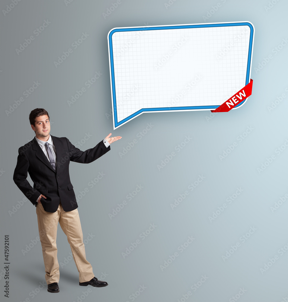 young man presenting modern speech bubble copy space young man presenting modern speech bubble copy space
