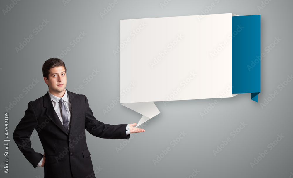 attractive man presenting modern origami copy space attractive man presenting modern origami copy space