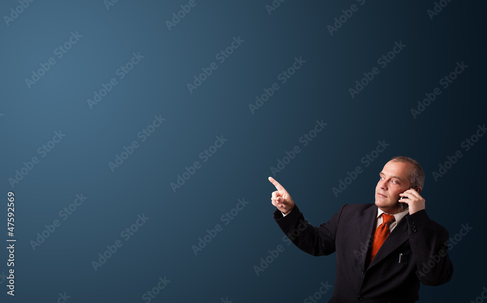 businessman making phone call and presenting copy space businessman making phone call and presenting copy space