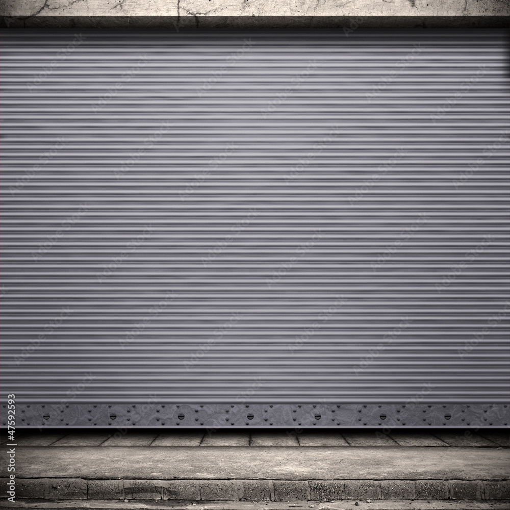 Painted corrugated metal door with conrete wall and ground. Painted corrugated metal door with conrete wall and ground.