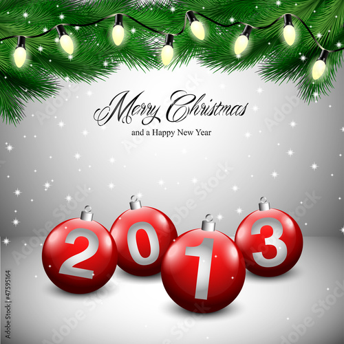 Christmas card with ornaments, lights and snow