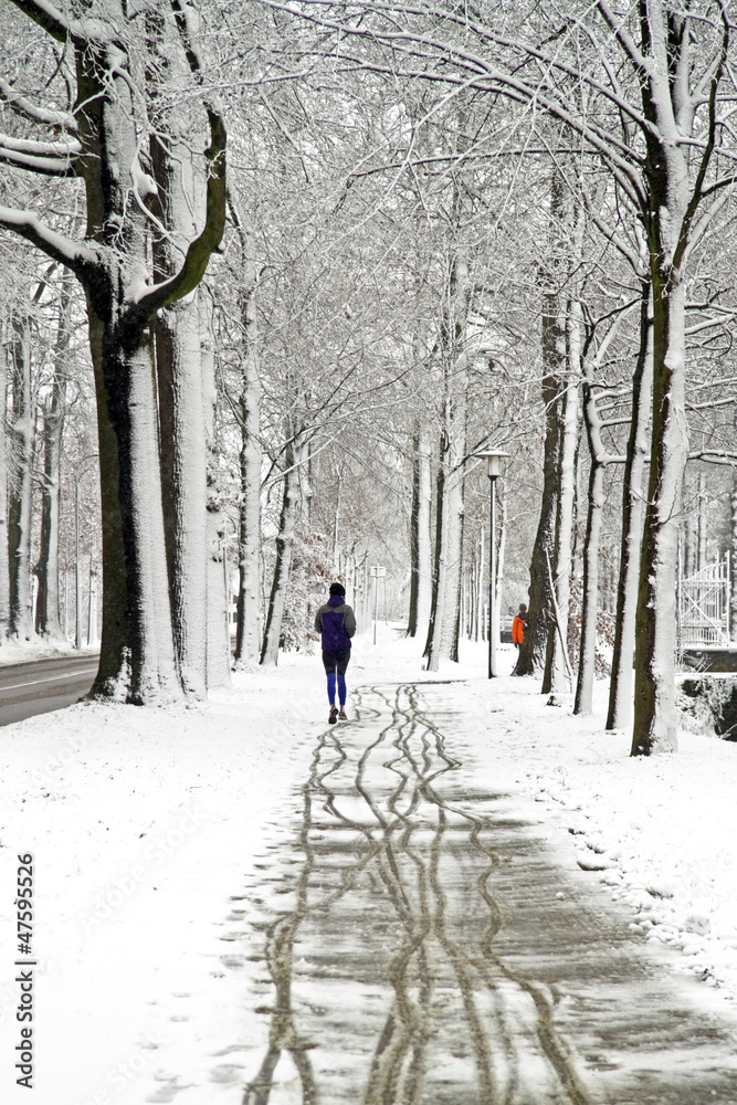 People jogging in winter in the forest People jogging in winter in the forest
