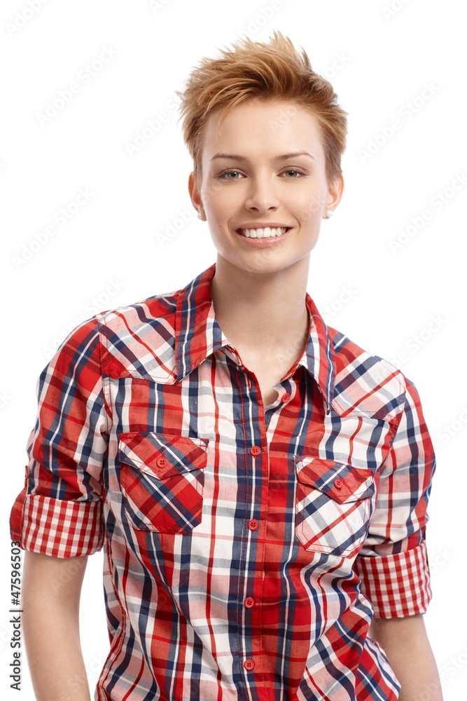 Portrait of young woman in shirt smiling Portrait of young woman in shirt smiling