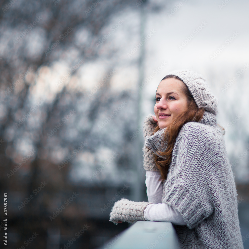 Autumn portrait: young woman dressed in a warm woolen cardigan Autumn portrait: young woman dressed in a warm woolen cardigan