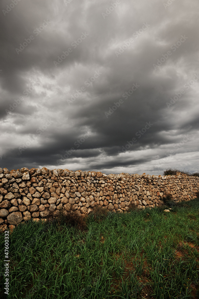 Landscape with an ancient stone wall