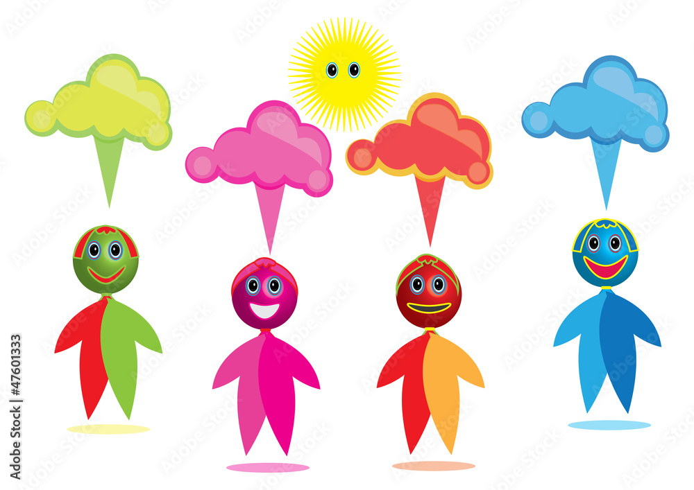 Colorful thought balloons above figure icons Colorful thought balloons above figure icons
