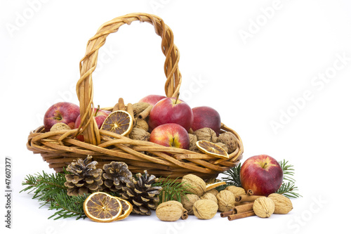basket full of apples, nuts, cinnamon
