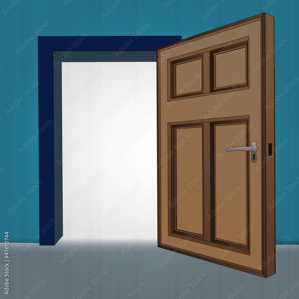 interior wooden open door at blue wall vector interior wooden open door at blue wall vector