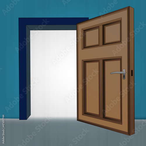 interior wooden open door at blue wall vector