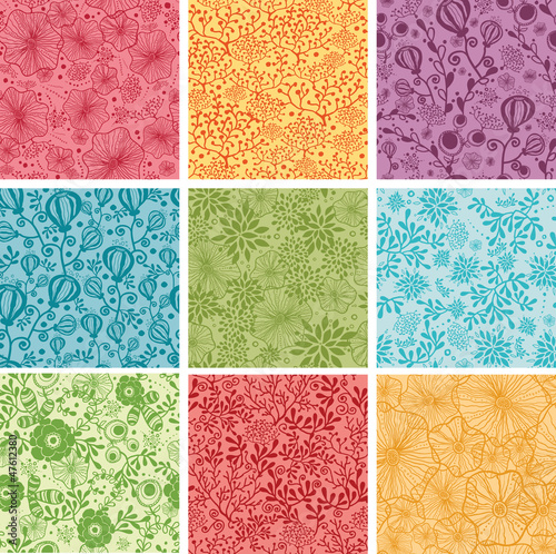 Set Of Nine colorful Flowers Seamless Patterns Backgrounds
