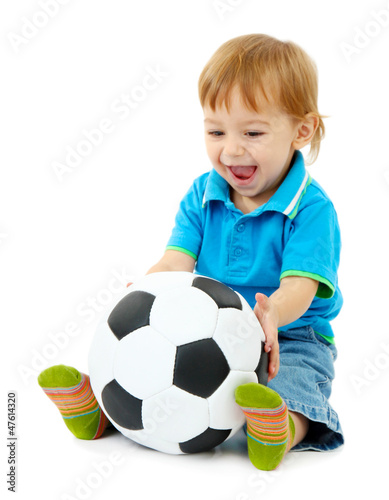 cute little boy with football ball, isolated on white