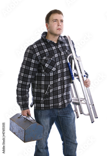 trademan holding toolbox and ladder photo