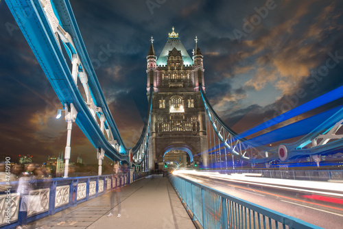 Tower Bridge at Night with car light trails - London