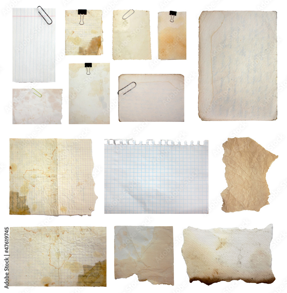 set of paper notes isolated on white background