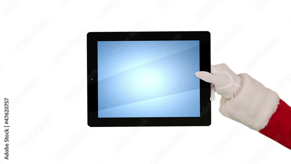 Santa Claus Presenting a Tablet, sending a Kiss and saying Bye Santa Claus Presenting a Tablet, sending a Kiss and saying Bye