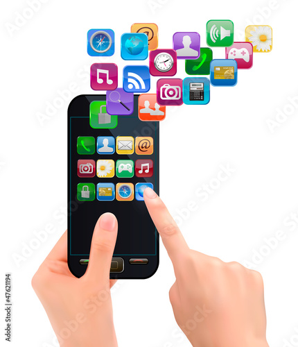 Hand holding mobile phone with icons. Vector