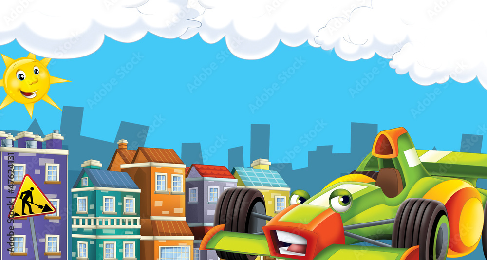 Cartoon scene of a town with sports car - illustration for children