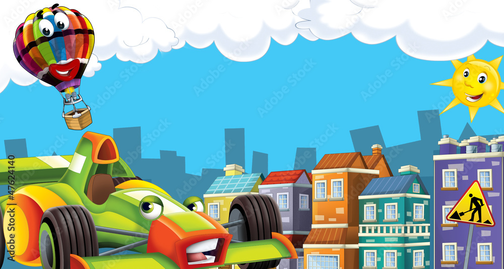 Cartoon city look with racing car - illustration for the children
