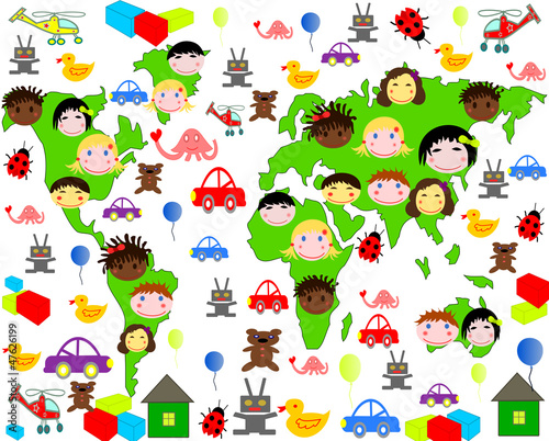 Лица детей разных рас на карте мира с игрушками