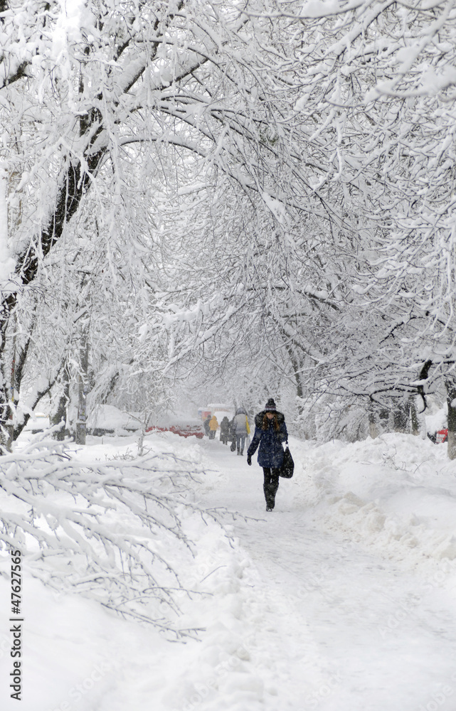 people walking along the winter street