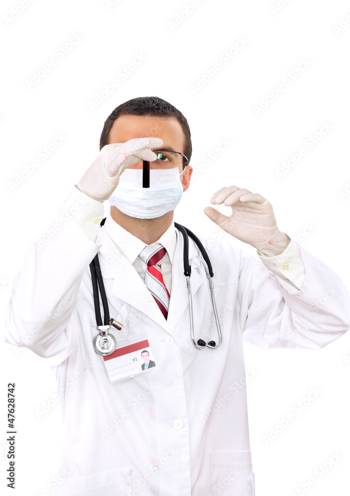 Doctor resarch a medical test glass with blood. Doctor resarch a medical test glass with blood.