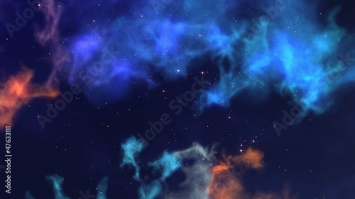 Slowly travelling through colorful nebula clouds.