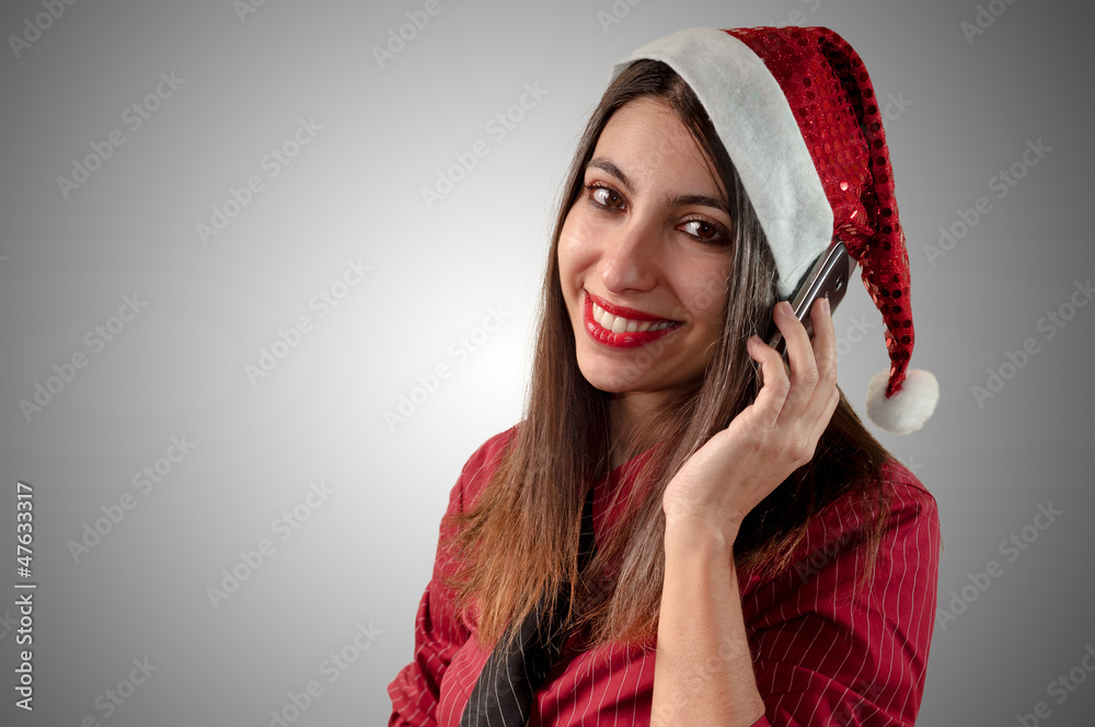 smiling business christmas girl at the phone smiling business christmas girl at the phone
