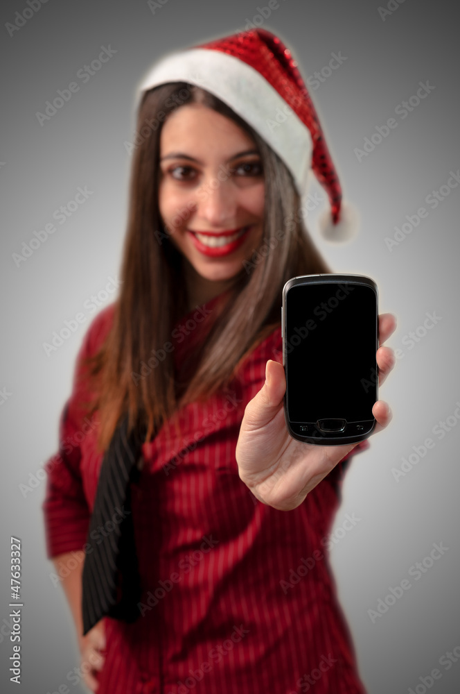 smiling business christmas showing smartphone smiling business christmas showing smartphone