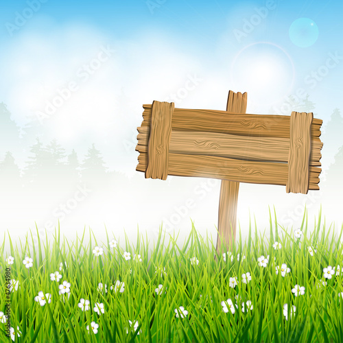 Spring landscape with wooden sign