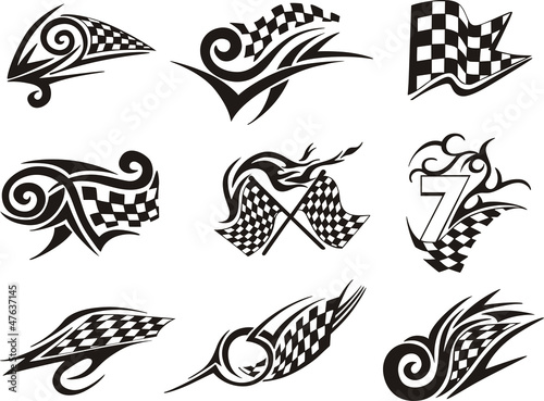 Set of racing tattoos with checkered flags