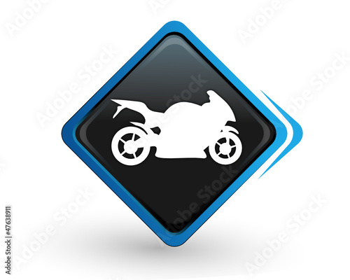 icône moto sportive sur bouton carré bleu design