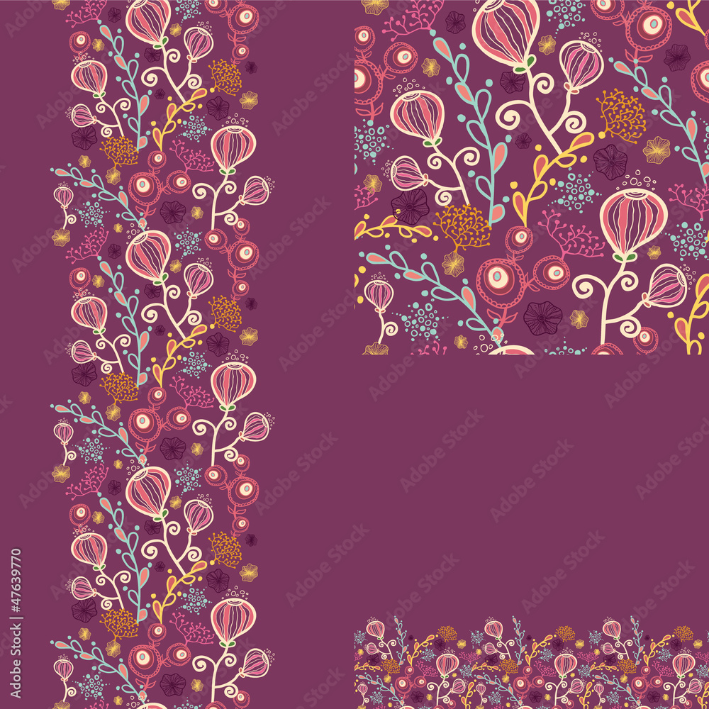 Vector set of underwater plants seamless pattern and borders