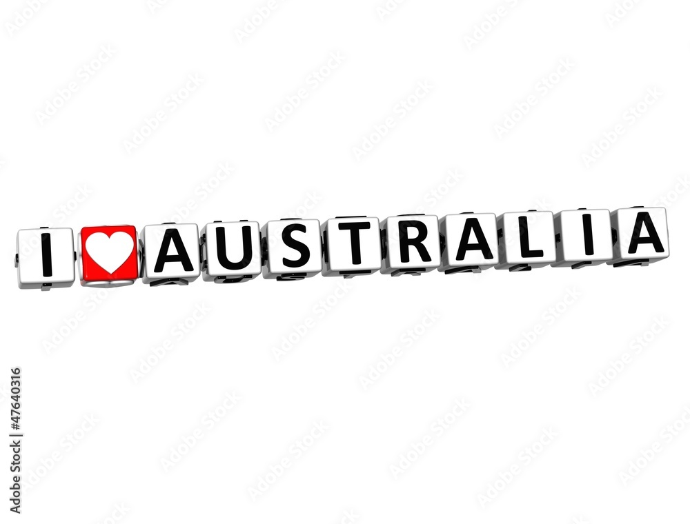3D I Love Australia Button Click Here Block Text