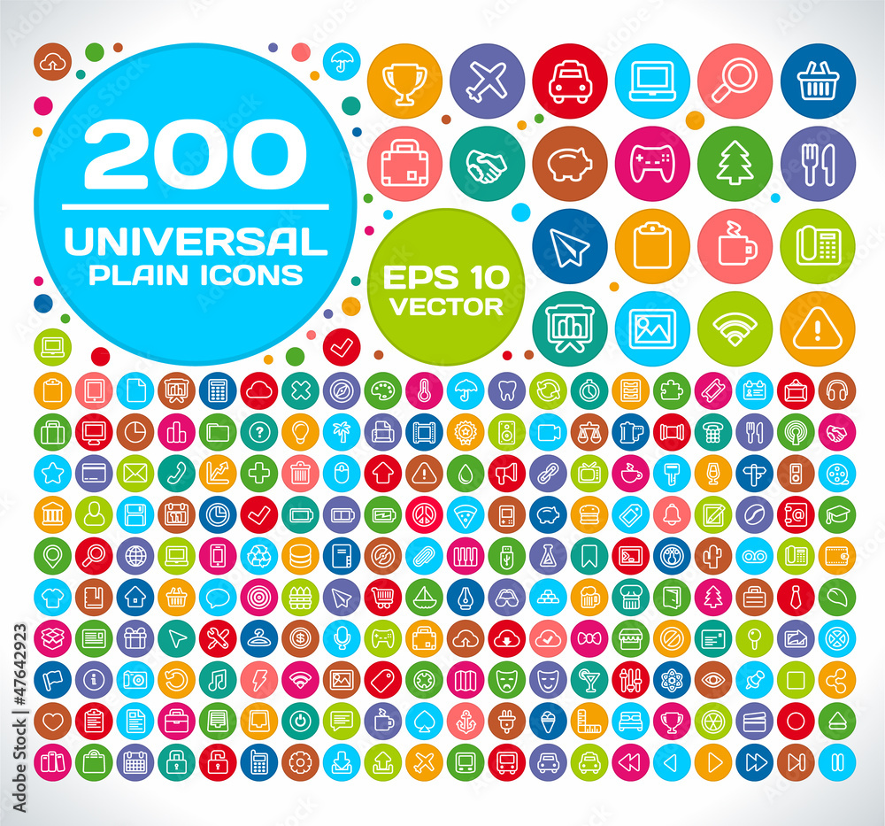 200 Universal Plain Icon Set - obrazy, fototapety, plakaty 