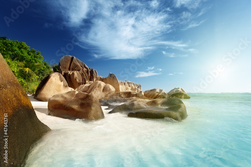 sunset on the beach, Anse Source d'Argent, La Digue island, Seys