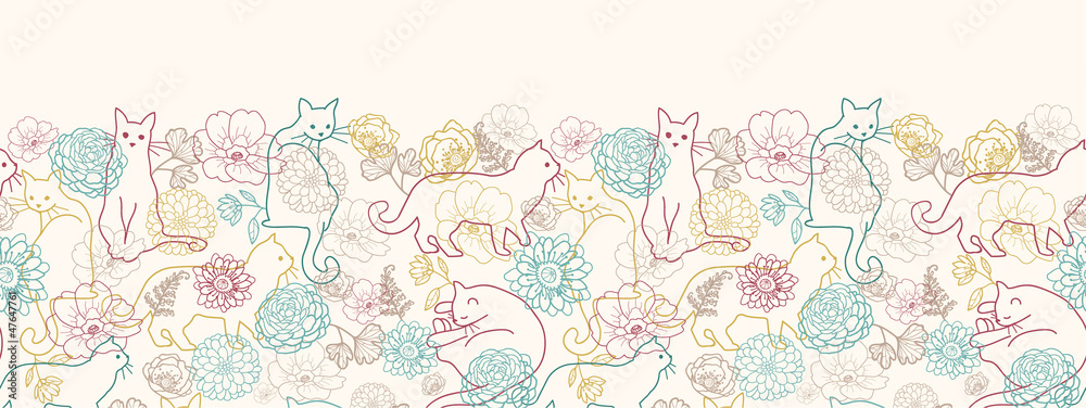 Vector cats among flowers horizontal seamless pattern ornament