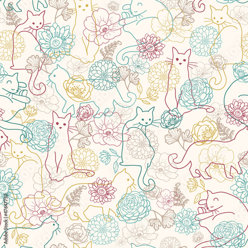Vector cats among flowers seamless pattern background with hand