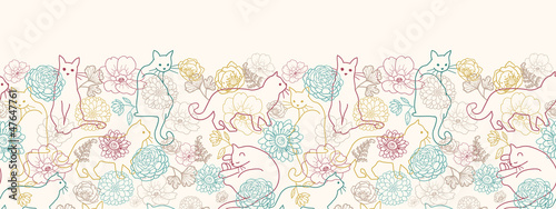Vector cats among flowers horizontal seamless pattern ornament