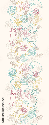 Vector cats among flowers vertical seamless pattern ornament