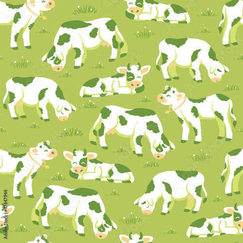 Vector cows on the field seamless pattern background with hand