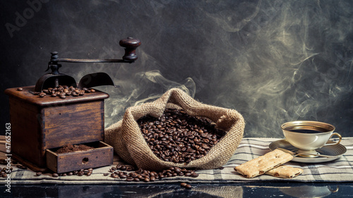 Scent of vintage brewing coffee on smoke background
