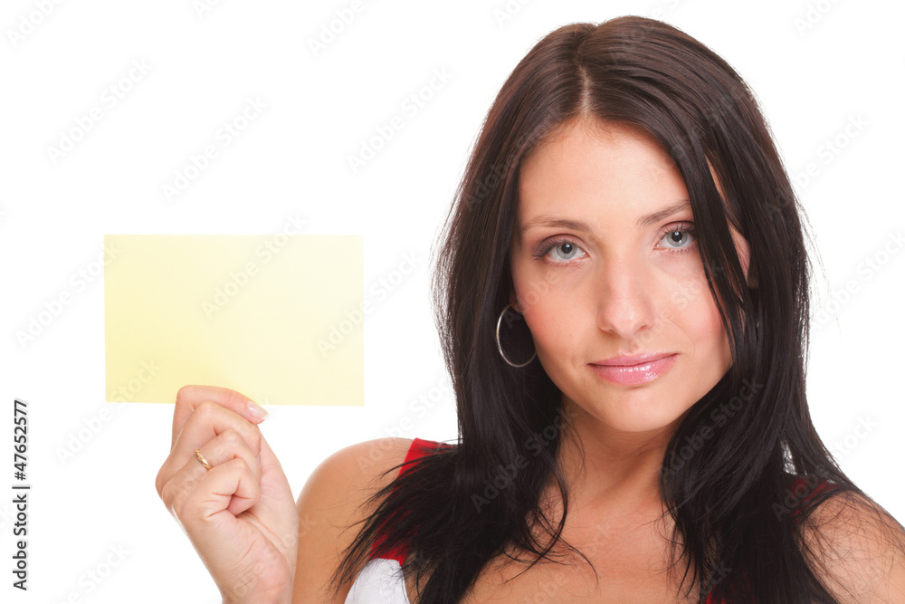 Gift card. Excited woman showing empty blank paper card sign Gift card. Excited woman showing empty blank paper card sign