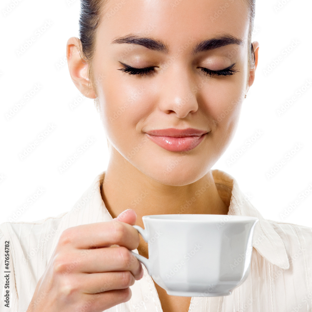 Young happy woman with cup of coffee, isolated Young happy woman with cup of coffee, isolated