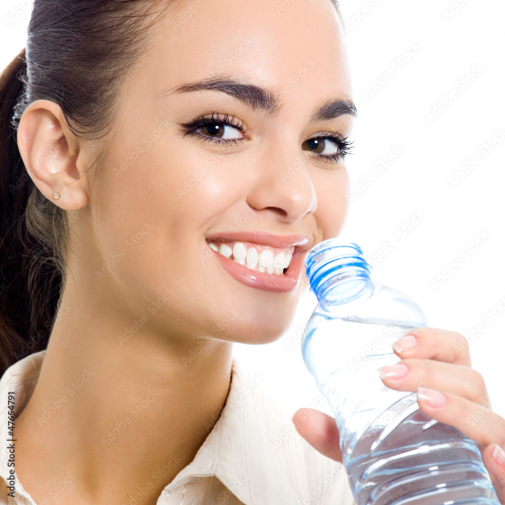 Young woman drinking water, isolated over white Young woman drinking water, isolated over white