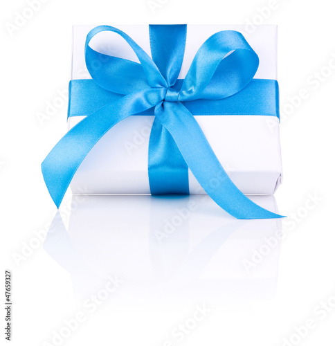 One White boxs tied Blue satin ribbon bow Isolated on white back