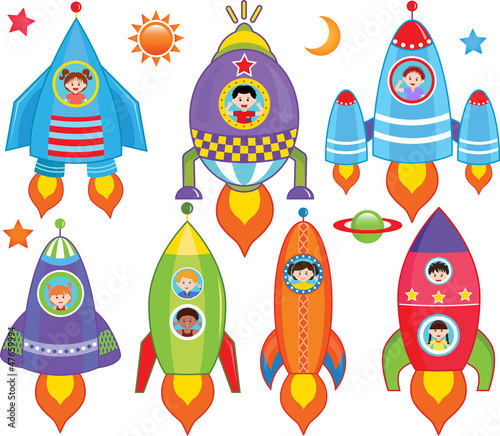 Vector collection of Kids inside Spaceship, Spacecraft, Rocket #47659994